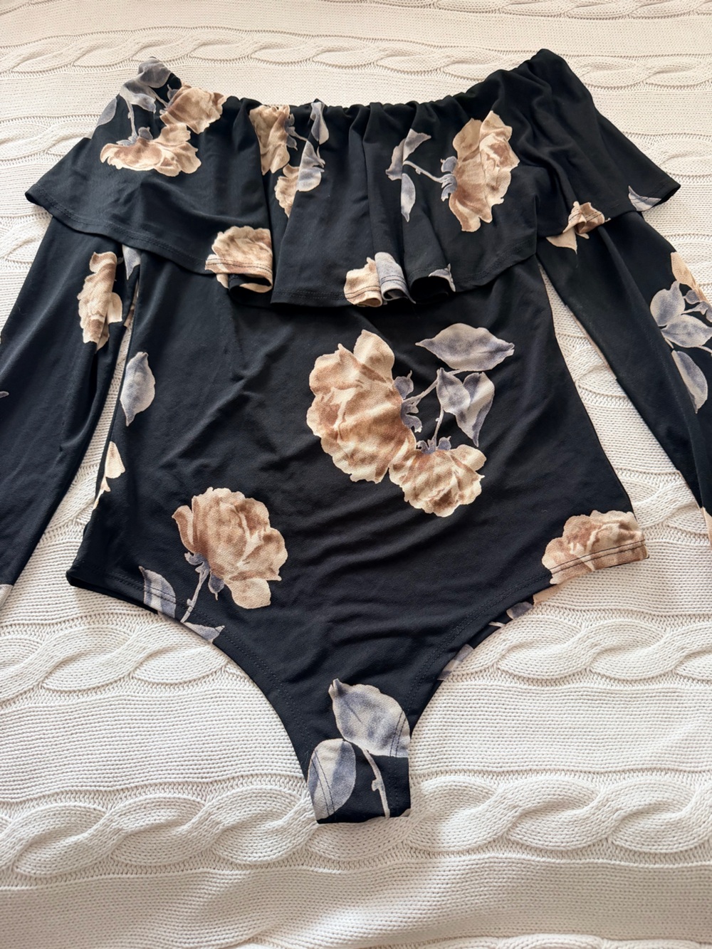 Black Floral Long Sleeve Off the Shoulder Bodysuit Size L Ruffle - Picture 8 of 13